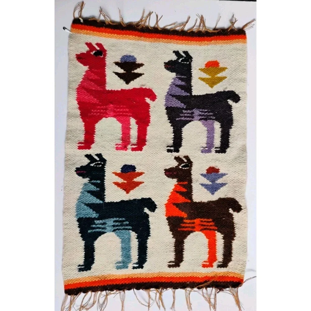 Vintage Peruvian Hand Woven Wool Tapestry Llama Alpaca Mini Rug Boho Decor 15x11